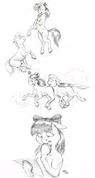 Size: 950x1773 | Tagged: safe, artist:baron engel, imported from derpibooru, apple bloom, oc, oc:stone mane, oc:stone mane (baron engel), bow, colt, female, filly, grayscale, hair bow, male, monochrome, pencil drawing, simple background, sketch, smiling, traditional art, white background