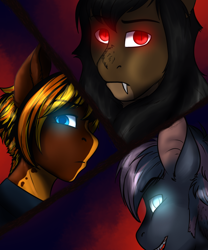 Size: 1024x1232 | Tagged: safe, artist:blackblood-queen, imported from derpibooru, oc, oc only, oc:daniel dasher, oc:octavus, oc:orpheus, anthro, bat pony, pegasus, anthro oc, bat pony oc, clothes, fangs, glowing eyes, looking at you, male, slit eyes, slit pupils, stallion, trio