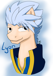 Size: 2985x4296 | Tagged: safe, artist:stormer, imported from derpibooru, pony, anime, bust, clothes, fairy tail, lyon vastia, ponified, portrait, simple background