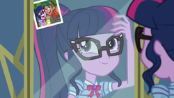 Size: 1920x1080 | Tagged: safe, imported from derpibooru, screencap, sci-twi, timber spruce, twilight sparkle, equestria girls, equestria girls series, star crossed, adorkable, cute, dork, female, geode of telekinesis, glasses, male, mirror, photo, ponytail, selfie, shipping, smiling, straight, timberbetes, timbertwi, trophy, twiabetes