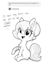 Size: 1544x2040 | Tagged: safe, artist:tjpones, artist:tjpones edits, edit, editor:dsp2003, imported from derpibooru, oc, oc only, oc:brownie bun, earth pony, pony, horse wife, ask, bandage, chest fluff, dialogue, ear fluff, female, grayscale, inktober, lineart, looking at you, monochrome, pun, raised hoof, simple background, sitting, smiling, solo, traditional art, tumblr, white background