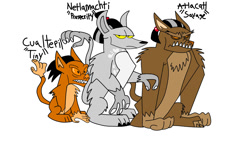 Size: 1280x759 | Tagged: safe, artist:toon-n-crossover, imported from derpibooru, oc, oc only, oc:atlacatl, oc:cualtepil, oc:netlamachti, ahuizotl (species), ahuizotl oc, aztecmastermind (reboot), colored, concept art, male, non-pony oc, simple background, trio, white background