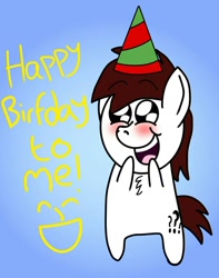 Size: 900x1143 | Tagged: safe, artist:aarondrawsarts, imported from derpibooru, oc, oc only, oc:brain teaser, birthday, chest fluff, chibi, cute