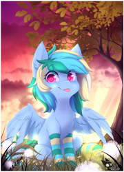 Size: 1000x1388 | Tagged: safe, artist:teranen, imported from derpibooru, oc, oc only, oc:solis gemspark, pegasus, pony, chest fluff, clothes, colored pupils, commission, cute, female, mare, ocbetes, sitting, smiling, socks, solo, striped socks, tongue out, tree