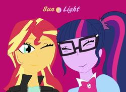 Size: 1639x1192 | Tagged: safe, artist:miraculouslover21, imported from derpibooru, sci-twi, sunset shimmer, twilight sparkle, equestria girls, cuddling, eyes closed, female, lesbian, one eye closed, scitwishimmer, shipping, simple background, smiling, sunsetsparkle