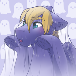 Size: 1500x1500 | Tagged: safe, artist:romyvdhel-art, artist:royvdhel-art, imported from derpibooru, oc, oc only, oc:cloud quake, ghost, bedsheet ghost, clothes, costume, see-through, sheet, simple background, solo, underhoof