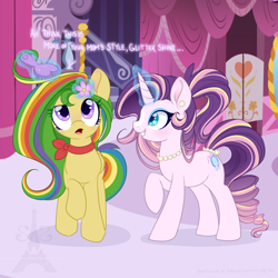 Size: 1024x1024 | Tagged: safe, artist:pvrii, artist:silent-shadow-wolf, imported from derpibooru, oc, oc only, oc:glitter shine, oc:zap spectrum, pony, carousel boutique, cute, female, magical lesbian spawn, mare, movie accurate, next generation, offspring, parent:applejack, parent:fluttershy, parent:rainbow dash, parent:rarity, parents:appledash, parents:flarity, style emulation