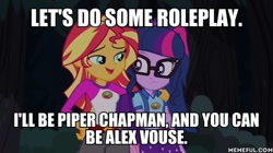Size: 600x337 | Tagged: safe, edit, edited screencap, imported from derpibooru, screencap, sci-twi, sunset shimmer, twilight sparkle, equestria girls, legend of everfree, clothes, female, image macro, lesbian, meme, memeful.com, netflix, open mouth, orange is the new black, reference, scitwishimmer, shipping, shorts, sunsetsparkle, text