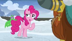 Size: 1280x720 | Tagged: safe, imported from derpibooru, screencap, gummy, pinkie pie, prince rutherford, alligator, earth pony, pony, yak, not asking for trouble, biting, snow, tail bite