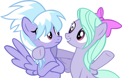 Size: 5426x3443 | Tagged: safe, artist:ironm17, imported from derpibooru, cloudchaser, flitter, bow, crossed arms, grin, hair bow, hoof around neck, hoof on shoulder, looking at each other, raised hoof, simple background, smiling, transparent background, vector