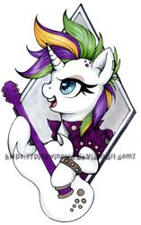 Size: 600x955 | Tagged: safe, artist:pingwinowa, imported from derpibooru, rarity, pony, it isn't the mane thing about you, alternate hairstyle, bad guitar anatomy, female, guitar, mare, musical instrument, punk, raripunk, solo