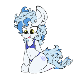 Size: 1280x1342 | Tagged: safe, artist:ashee, imported from derpibooru, oc, oc only, oc:frostfall, earth pony, semi-anthro, belly button, clothes, ear fluff, female, kneeling, mare, simple background, smiling, solo, swimsuit, tongue out, transparent background, ych result, yellow eyes