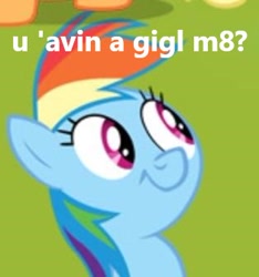 Size: 314x335 | Tagged: safe, edit, edited screencap, imported from derpibooru, screencap, rainbow dash, faic, female, hubworld, image macro, meme, reaction image, solo, u wot m8