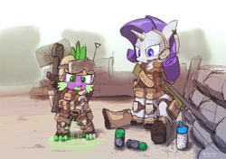 Size: 1024x721 | Tagged: safe, artist:satv12, imported from derpibooru, rarity, spike, dragon, pony, unicorn, airsoft, boots, clothes, female, gun, helmet, hologram, male, mare, military uniform, shoes, weapon