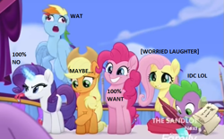 Size: 759x471 | Tagged: safe, edit, edited screencap, imported from derpibooru, screencap, applejack, fluttershy, pinkie pie, rainbow dash, rarity, spike, twilight sparkle, alicorn, dragon, my little pony: the movie, angry, caption, faic, image macro, looking down, meme, offscreen character, out of context, quill, rainbow dash is best facemaker, scroll, smiling, twilight sparkle (alicorn), varying degrees of want, wat, worried