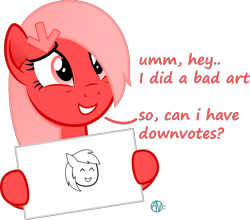 Size: 2200x1937 | Tagged: safe, artist:arifproject, imported from derpibooru, oc, oc only, oc:downvote, earth pony, pony, derpibooru, cute, derpibooru ponified, dialogue, downvote bait, downvote's downvotes, downvotes are upvotes, holding, irony, meta, ocbetes, ponified, simple background, smiling, solo, stylistic suck, transparent background, you tried