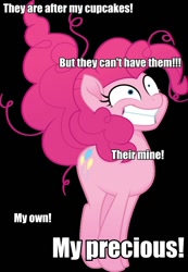 Size: 666x960 | Tagged: safe, imported from derpibooru, pinkie pie, caption, cupcake, food, gollum, misspelling, obsessed, obsession, obsession is magic, that pony sure does love cupcakes