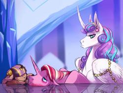 Size: 1024x774 | Tagged: safe, artist:vindhov, imported from derpibooru, princess flurry heart, oc, oc:love letter, oc:riposte, alicorn, hybrid, pony, unicorn, yak, yakony, brother and sister, cousins, female, filly, five o'clock shadow, interspecies offspring, male, mare, next generation, offspring, older, older flurry heart, parent:prince rutherford, parent:princess cadance, parent:shining armor, parent:twilight sparkle, parents:shiningcadance, parents:twiford, stallion, story included