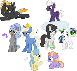 Size: 1600x1485 | Tagged: safe, artist:lost-our-dreams, imported from derpibooru, oc, oc only, oc:comet blaze, oc:dolphin dancer, oc:dragonfly, oc:magic trick, oc:pageant prize, oc:silver wind, oc:strobe light, oc:treble tune, earth pony, pegasus, pony, unicorn, female, filly, male, mare, offspring, parent:cloudchaser, parent:diamond tiara, parent:hoity toity, parent:lightning dust, parent:neon lights, parent:octavia melody, parent:prince blueblood, parent:royal riff, parent:sapphire shores, parent:silver spoon, parent:snails, parent:snips, parent:thunderlane, parent:trixie, parent:vinyl scratch, parents:bluetrix, parents:diamondsnips, parents:snailspoon, parents:thunderchaser, parents:thunderdust, parents:vinylights, prone, simple background, stallion, white background