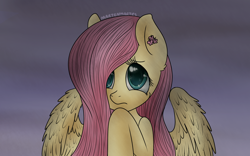 Size: 1600x1000 | Tagged: safe, artist:martenmartes, imported from derpibooru, fluttershy, pegasus, pony, bust, cute, eyelashes, female, hair over one eye, looking up, overcast, portrait, shy, shyabetes, solo, wings