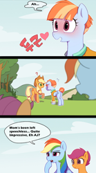 Size: 700x1259 | Tagged: safe, artist:conte0226, edit, editor:xaxu-slyph, imported from derpibooru, applejack, rainbow dash, scootaloo, windy whistles, earth pony, pegasus, pony, applejack's hat, blushing, clothes, comic, cowboy hat, cute, dialogue, excited, female, filly, foal, folded wings, hat, mare, open mouth, question mark, raised hoof, speech bubble, talking, translation, windybetes, wings