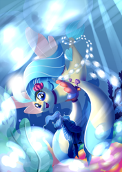 Size: 1414x2000 | Tagged: safe, artist:edowaado, imported from derpibooru, princess skystar, seapony (g4), my little pony: the movie, bubble, female, seaweed, smiling, solo, underwater