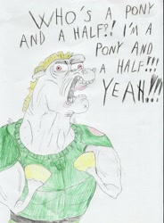 Size: 2460x3346 | Tagged: safe, artist:reptileman778, imported from derpibooru, bulk biceps, pegasus, pony, crossover, doom, doom comic, doom guy, doomguy, male, parody, rip and tear, solo, traditional art, yeah, yeah!!!!!!!!