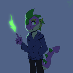 Size: 1688x1688 | Tagged: safe, artist:moonakart13, artist:moonaknight13, imported from derpibooru, spike, dragon, alternate universe, claws, clothes, dark background, fire magic, freckles, magic, male, smiling, solo