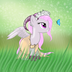 Size: 1366x1366 | Tagged: safe, artist:pregnancylove, imported from derpibooru, oc, oc only, oc:beryl (discoshy), butterfly, hybrid, clothes, dress, floral head wreath, flower, interspecies offspring, meadow, multiple pregnancy, offspring, parent:discord, parent:fluttershy, parents:discoshy, pregnant, solo