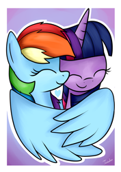 Size: 2480x3507 | Tagged: safe, artist:twidasher, imported from derpibooru, rainbow dash, twilight sparkle, pegasus, pony, cute, dashabetes, duo, eyes closed, female, heart, hug, lesbian, shipping, twiabetes, twidash, winghug