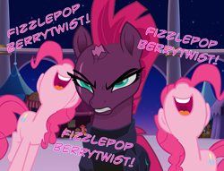 Size: 1415x1080 | Tagged: safe, edit, edited screencap, imported from derpibooru, screencap, fizzlepop berrytwist, pinkie pie, tempest shadow, earth pony, pony, unicorn, my little pony: the movie, the last roundup, angry, annoyed, armor, broken horn, duo, eye scar, female, mare, meme, scar, tempting fate, this will end in pain, triggered