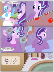 Size: 1620x2160 | Tagged: safe, artist:necrofeline, deleted from derpibooru, imported from derpibooru, lotus blossom, starlight glimmer, anthro, earth pony, unicorn, comic:the booty trap 5, series:the booty trap, ..., clothes, comic, couch, cupcake, dialogue, female, food, glowing horn, hot tub, levitation, magic, mare, ponyville spa, rug, sign, spa, speech bubble, telekinesis, thought bubble, uniform