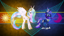 Size: 3840x2160 | Tagged: safe, artist:laszlvfx, artist:vector-brony, edit, imported from derpibooru, princess celestia, princess luna, alicorn, crystal pony, pony, crystallized, female, mare, royal sisters, sisters, vector, wallpaper, wallpaper edit