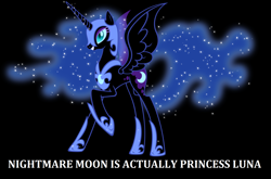 Size: 1668x1100 | Tagged: safe, imported from derpibooru, nightmare moon, alicorn, pony, friendship is magic, black background, captain obvious, ethereal mane, female, late arrival spoiler, mare, op is a slowpoke, raised hoof, simple background, slowpoke, solo, spread wings, starry mane, totally legit season 1 spoilers, wings, you don't say