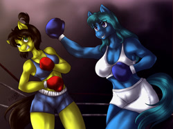 Size: 1000x744 | Tagged: safe, artist:dslycaon, imported from derpibooru, oc, oc only, oc:nina dasher, oc:uppercute, anthro, boxing, boxing gloves, breasts, clothes, midriff, sports, sports bra