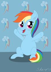 Size: 1024x1448 | Tagged: safe, artist:sharpiesketches, imported from derpibooru, rainbow dash, pegasus, pony, chibi, cute, cutie mark, female, heart eyes, mare, simple background, sitting, smiling, solo, wingding eyes