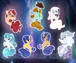 Size: 1969x1637 | Tagged: safe, artist:spectrumnightyt, imported from derpibooru, oc, oc only, oc:blue stone, oc:galaxy swirls, oc:lucky hooves, oc:soft skills, oc:speed cloud, oc:tickle pie, oc:velvet sentry, hybrid, seapony (g4), female, interspecies offspring, mare, offspring, parent:cheese sandwich, parent:discord, parent:flash sentry, parent:fluttershy, parent:pinkie pie, parent:twilight sparkle, parents:cheesepie, parents:discoshy, parents:flashlight, seaponified, species swap