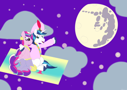 Size: 1024x724 | Tagged: safe, artist:sharpiesketches, imported from derpibooru, princess cadance, shining armor, alicorn, pony, unicorn, a whole new world, aladdin, clothes, cosplay, costume, cover art, doormat, mare in the moon, moon, parody, pinkie tales, pointing, princess jasmine, shaladdin, simple background, sitting, stars