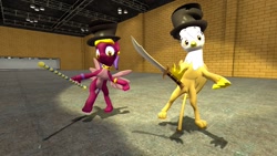 Size: 1280x720 | Tagged: safe, artist:horsesplease, imported from derpibooru, gilda, sphinx (character), griffon, sphinx, 3d, bipedal, dancing, gmod, hat, i've seen some shit, pole, scimitar, spotlight, spread wings, sword, tap dancing, thousand yard stare, top hat, weapon, wings