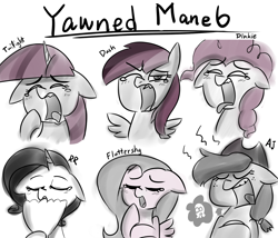 Size: 1400x1200 | Tagged: safe, artist:zouyugi, imported from derpibooru, applejack, fluttershy, pinkie pie, rainbow dash, rarity, twilight sparkle, earth pony, pegasus, pony, unicorn, fan, floppy ears, mane six, teeth, tired, tongue out, wings, yawn