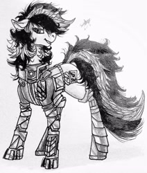 Size: 2632x3103 | Tagged: safe, artist:brainiac, imported from derpibooru, oc, oc only, oc:blackjack, cyborg, pony, unicorn, fallout equestria, amputee, armor, black and white, collar, compact horn, cybernetic legs, female, floppy ears, grayscale, ink, inktober, inktober 2017, mare, monochrome, robot legs, solo, traditional art