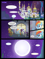 Size: 7670x10000 | Tagged: safe, artist:xenoneal, imported from derpibooru, applejack, rainbow dash, rarity, earth pony, pegasus, pony, unicorn, absurd resolution, balcony, canterlot castle, comic, female, mare, moon, night