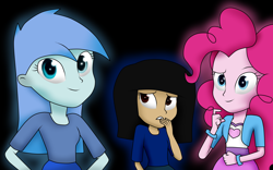 Size: 4000x2500 | Tagged: safe, artist:vicakukac200, imported from derpibooru, pinkie pie, oc, oc:reese, oc:snowstorm, equestria girls, absurd resolution, black background, clothes, equestria girls-ified, shirt, simple background, smiling, trio