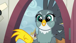 Size: 1920x1080 | Tagged: safe, imported from derpibooru, screencap, gabby, griffon, the fault in our cutie marks, claw, cute, door, female, gabbybetes, griffon teeth, griffonstone, grin, happy, smiling, solo, spread wings, wings