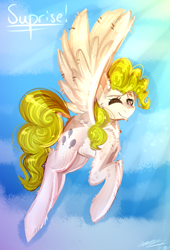 Size: 1024x1504 | Tagged: safe, artist:sakishithewolf, imported from derpibooru, surprise, pony, female, flying, one eye closed, solo, wink