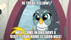 Size: 888x499 | Tagged: safe, edit, edited screencap, imported from derpibooru, screencap, gabby, griffon, bronybait, cute, door, female, gabbybetes, griffon teeth, grin, happy, image macro, imgflip, invitation, meme, smiling, solo