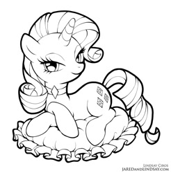 Size: 788x800 | Tagged: safe, artist:lindsay cibos, imported from derpibooru, rarity, unicorn, black and white, choker, cushion, female, grayscale, lidded eyes, looking at you, lying, mare, monochrome, simple background, smiling, solo, white background