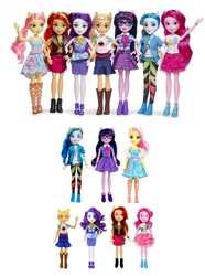 Size: 1201x1611 | Tagged: safe, imported from derpibooru, applejack, fluttershy, pinkie pie, rainbow dash, rarity, sci-twi, sunset shimmer, twilight sparkle, equestria girls, equestria girls series, boots, clothes, comparison, doll, dress, female, irl, merchandise, photo, shirt, shoes, skirt, toy