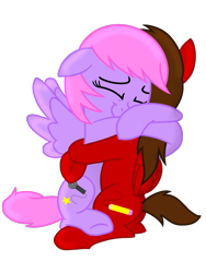 Size: 1200x1600 | Tagged: safe, artist:toyminator900, imported from derpibooru, oc, oc only, oc:chip, oc:melody notes, pegasus, pony, duo, hug, simple background, smiling, transparent background