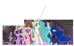 Size: 1539x971 | Tagged: safe, edit, edited screencap, imported from derpibooru, screencap, princess cadance, princess celestia, princess luna, twilight sparkle, alicorn, pony, my little pony: the movie, alicorn tetrarchy, canterlot, female, impossibly large horn, mare, twilight sparkle (alicorn)